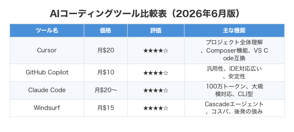 AIコーディングツール比較表（2026年6月版）