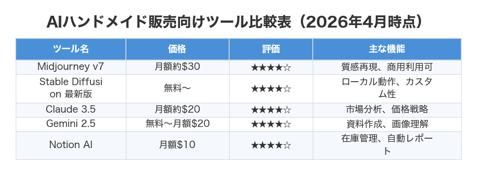 AIハンドメイド販売向けツール比較表（2026年4月時点）