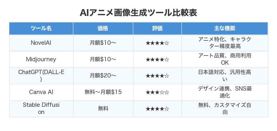 AIアニメ画像生成ツール比較表