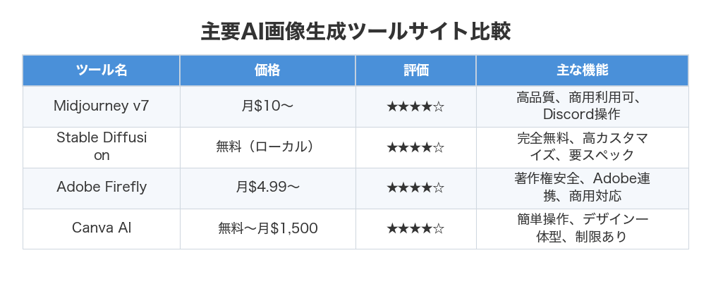 主要AI画像生成ツールサイト比較