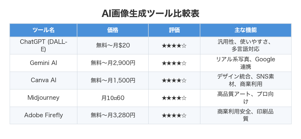 AI画像生成ツール比較表