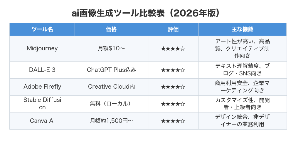 ai画像生成ツール比較表(2026年版)