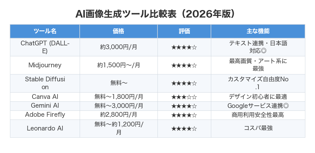 AI画像生成ツール比較表（2026年版）