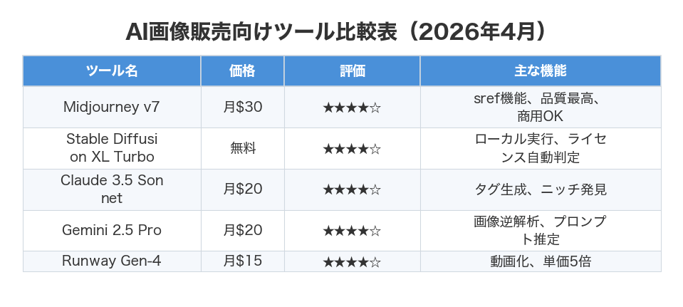 AI画像販売向けツール比較表（2026年4月）