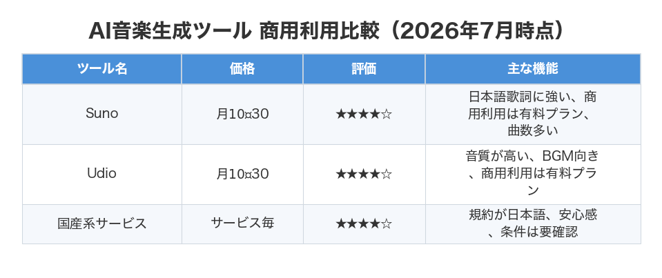 AI音楽生成ツール 商用利用比較（2026年7月時点）