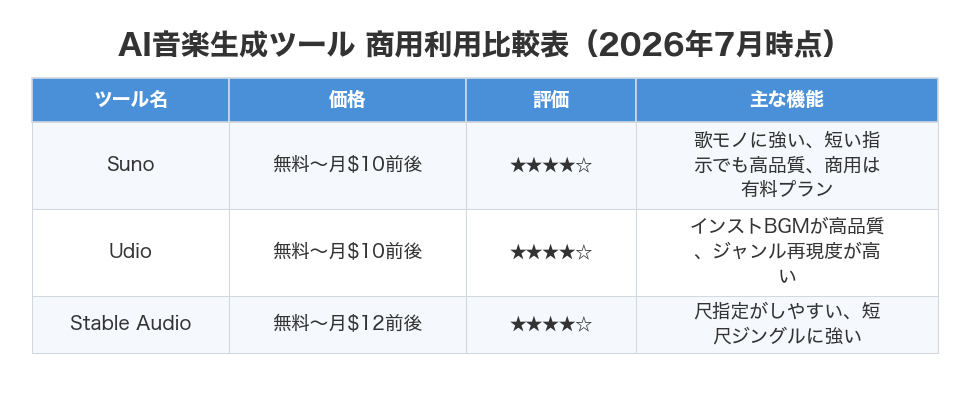 AI音楽生成ツール 商用利用比較表（2026年7月時点）