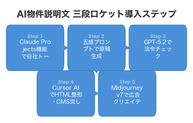 AI物件説明文 三段ロケット導入ステップ