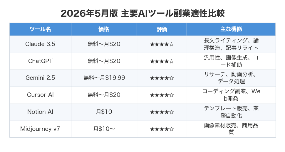 2026年5月版 主要AIツール副業適性比較