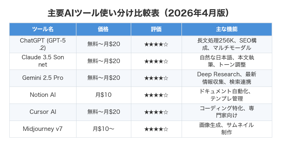 主要AIツール使い分け比較表（2026年4月版）