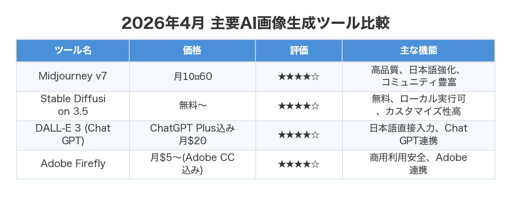2026年4月 主要AI画像生成ツール比較