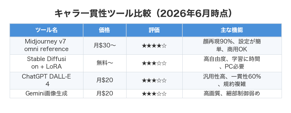 キャラ一貫性ツール比較（2026年6月時点）