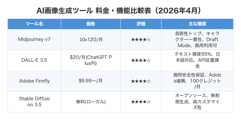 AI画像生成ツール 料金・機能比較表（2026年4月）