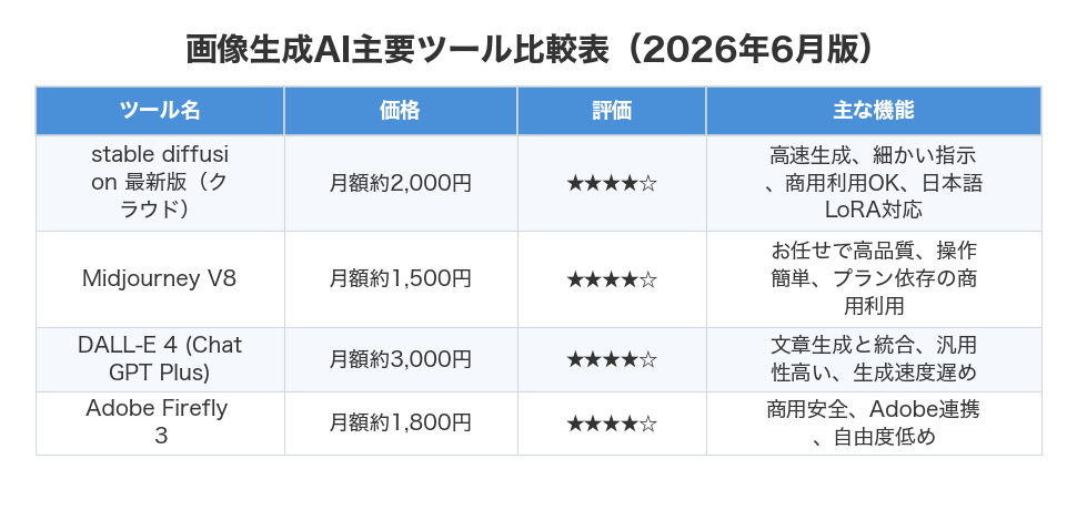 画像生成AI主要ツール比較表(2026年6月版)