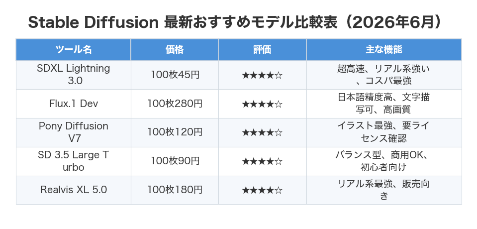 Stable Diffusion 最新おすすめモデル比較表（2026年6月）