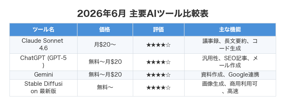 2026年6月 主要AIツール比較表