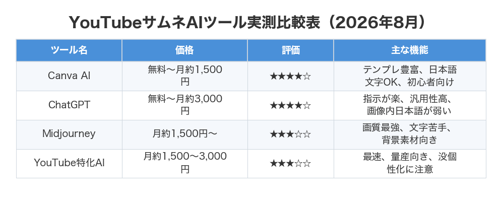 YouTubeサムネAIツール実測比較表（2026年8月）