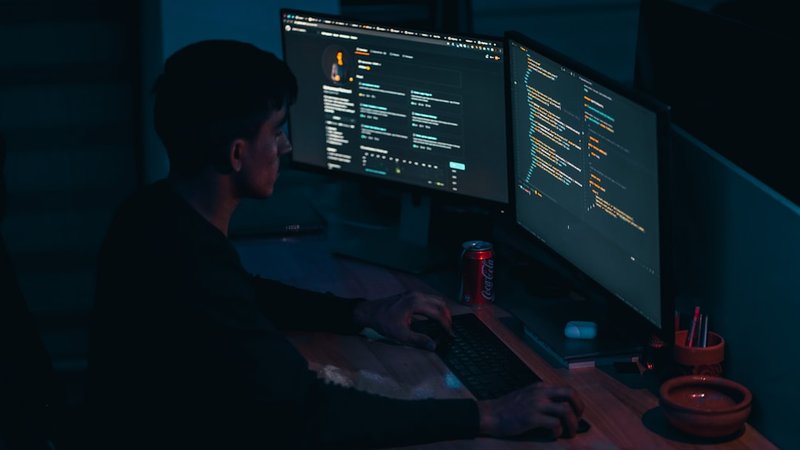 Developer working with AI coding assistant on laptop